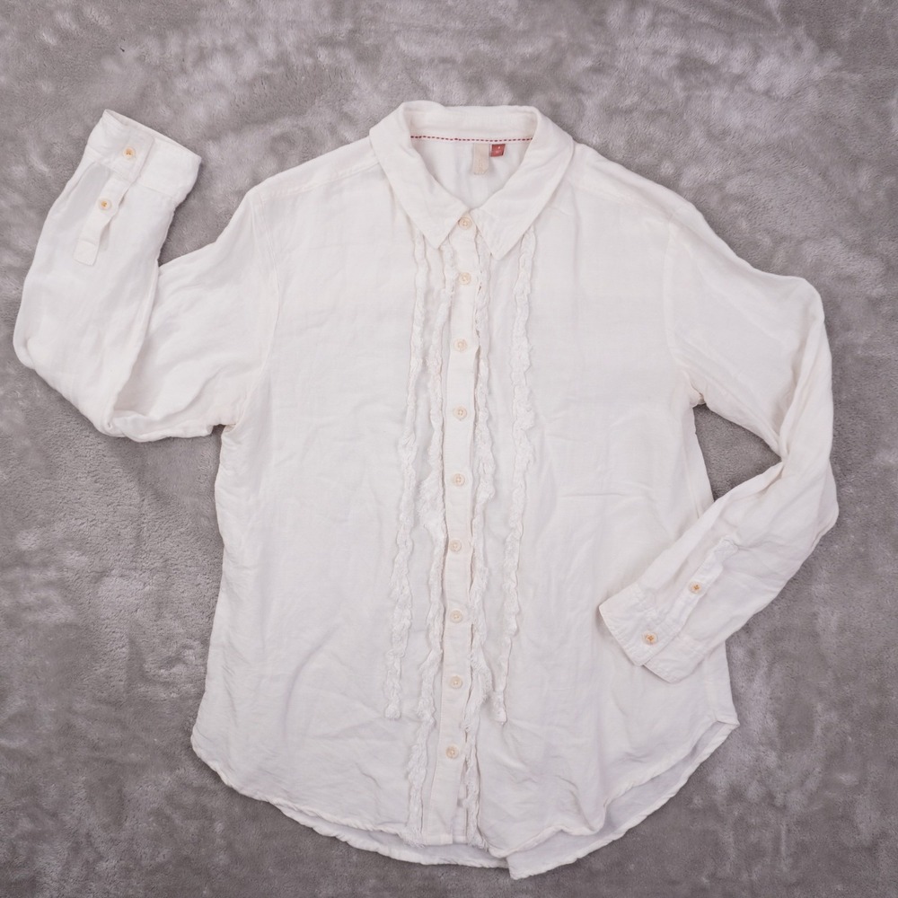 Pilcro Linen Blend Ruffle Front Button Up Shirt Women's Small Ivory Long Sleeve